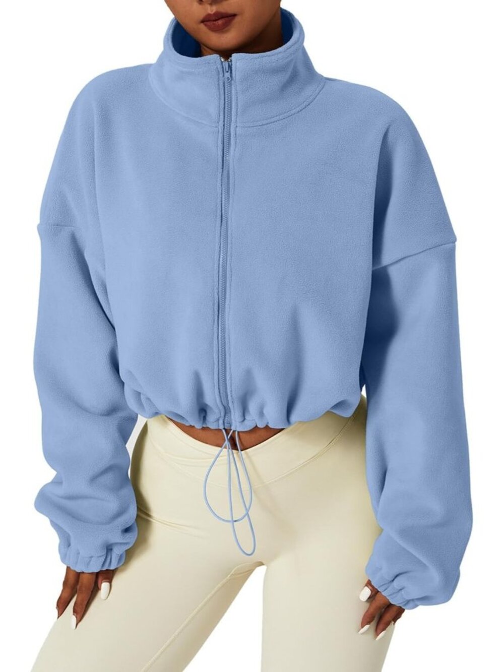 Women's Blue Full Zip Fleece Short Jacket Winter Long Sleeve Collar Crop Coat